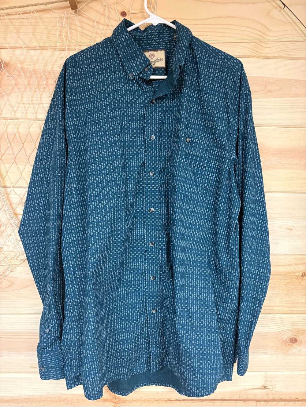 Wrangler Teal Micro-Pattern Long Sleeve Button-Down Shirt